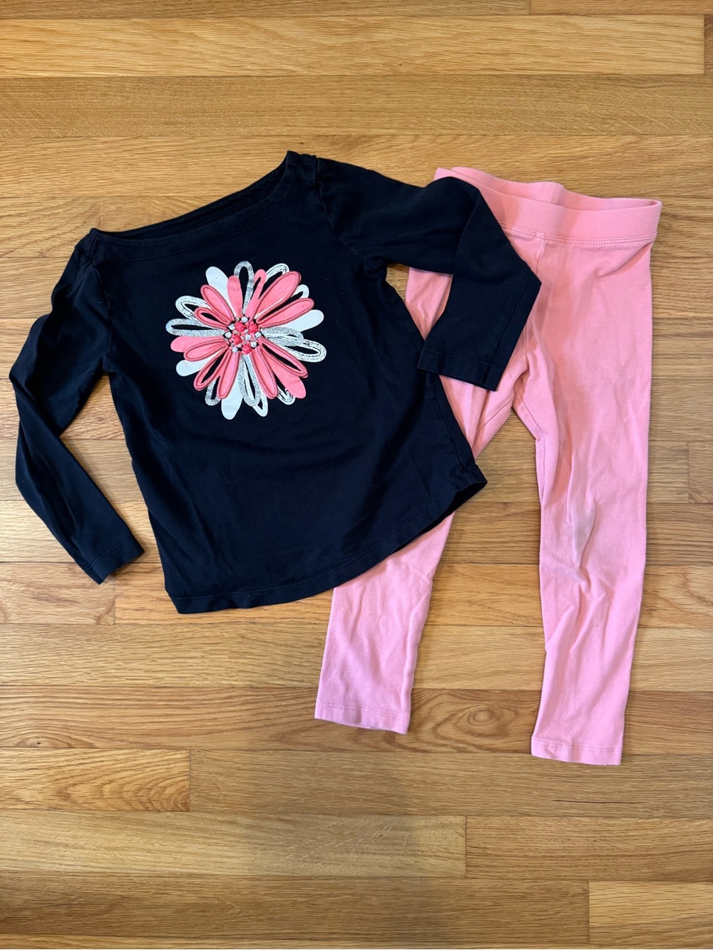 Gymboree Black Long-Sleeve Top with Pink Flower & Pink Leggings